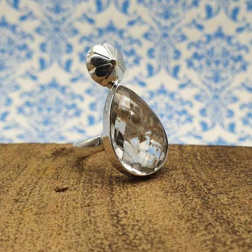 Drop Shape Faceted Crystal Gemstone 925 Sterling Silver Handmade Ring